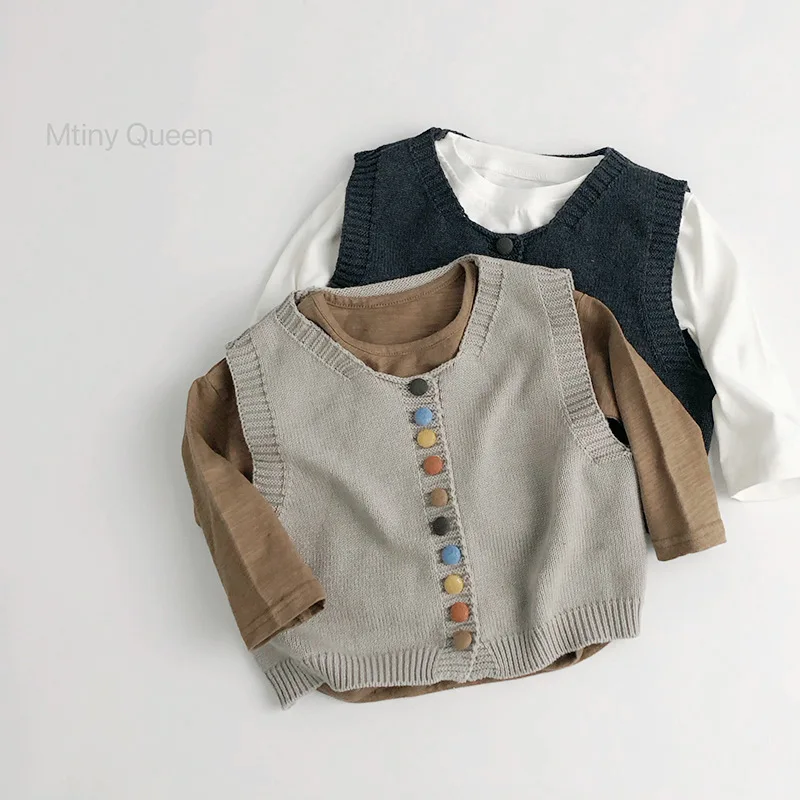 

2025 New spring and autumn children's sweaters, knitted vests, boys' and girls' clothing colorful buttons, all-cotton trendy