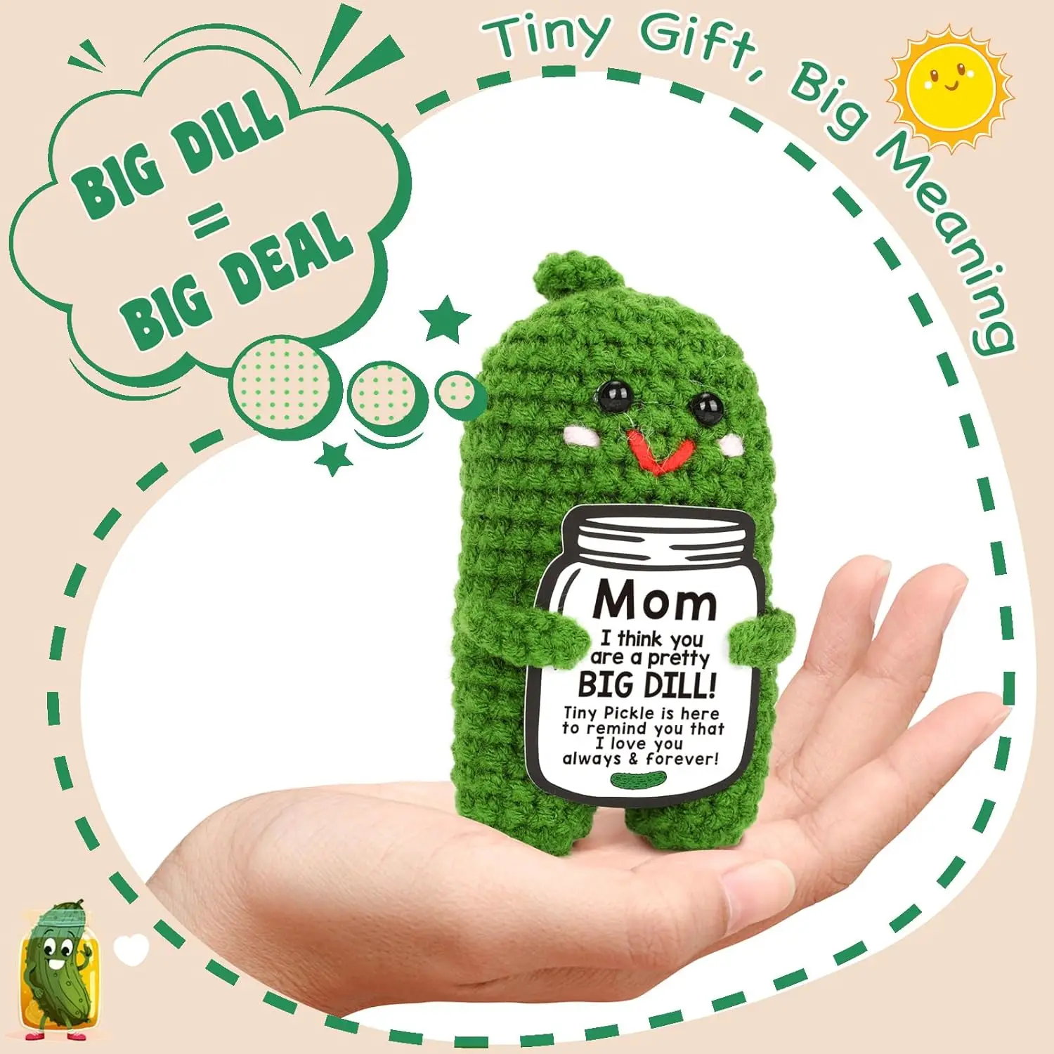 Funny Crochet Positive Pickle Plush Dolls with Card Mothers Day Gift for Mom from Daughter or Son Handmade Knitted Pickle Doll