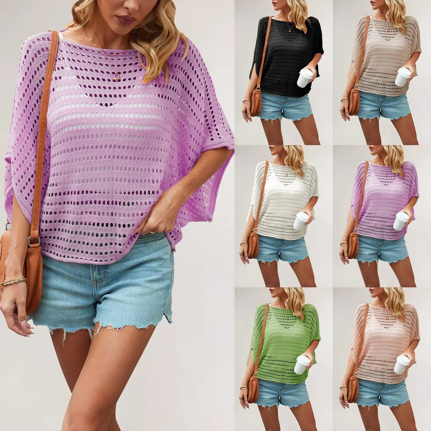 

Свободный вязаный топ большого размера, ажурный летучая мышь Све, круглый Ne Pure Color, женский модный повседневный топ, длина Five Sve