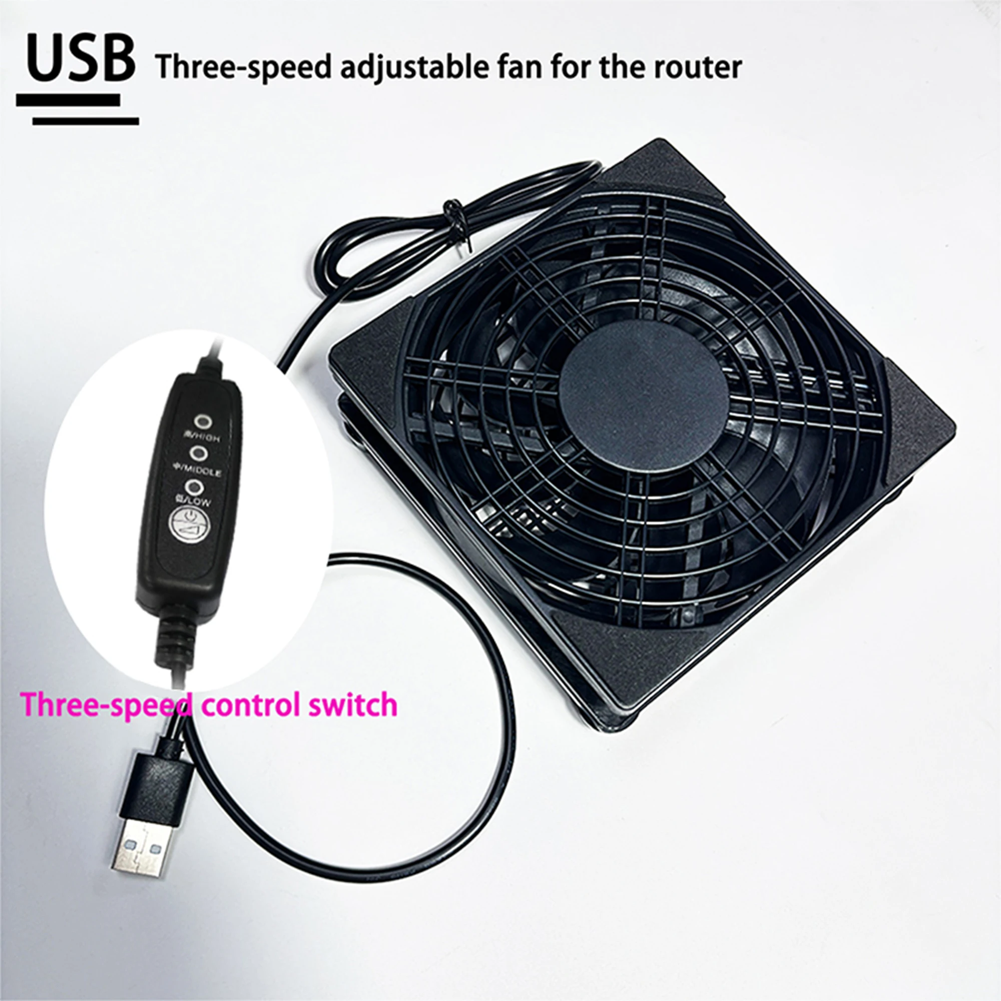 

CX FUTRUE The 5V USB-powered fan supports three-speed adjustment and is suitable for cooling electronic devices such as routers.