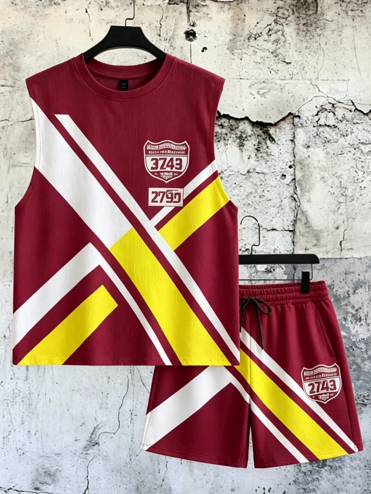 

Men's 2-Piece Sleeveless Tank & Shorts, Color Block Geometric Print Casual Sportswear Set