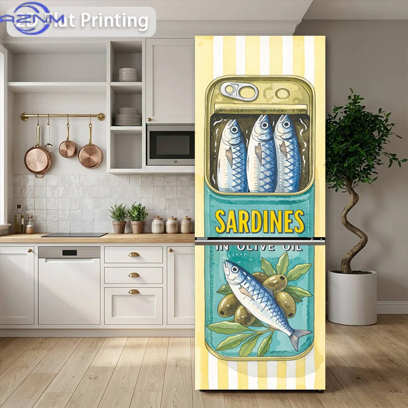 Printing Refrigerator Sticker Oil-Soaked Sardine Can Themed Design, Self-Adhesive Wall Decal Wallpaper, Suitable for Cabinets