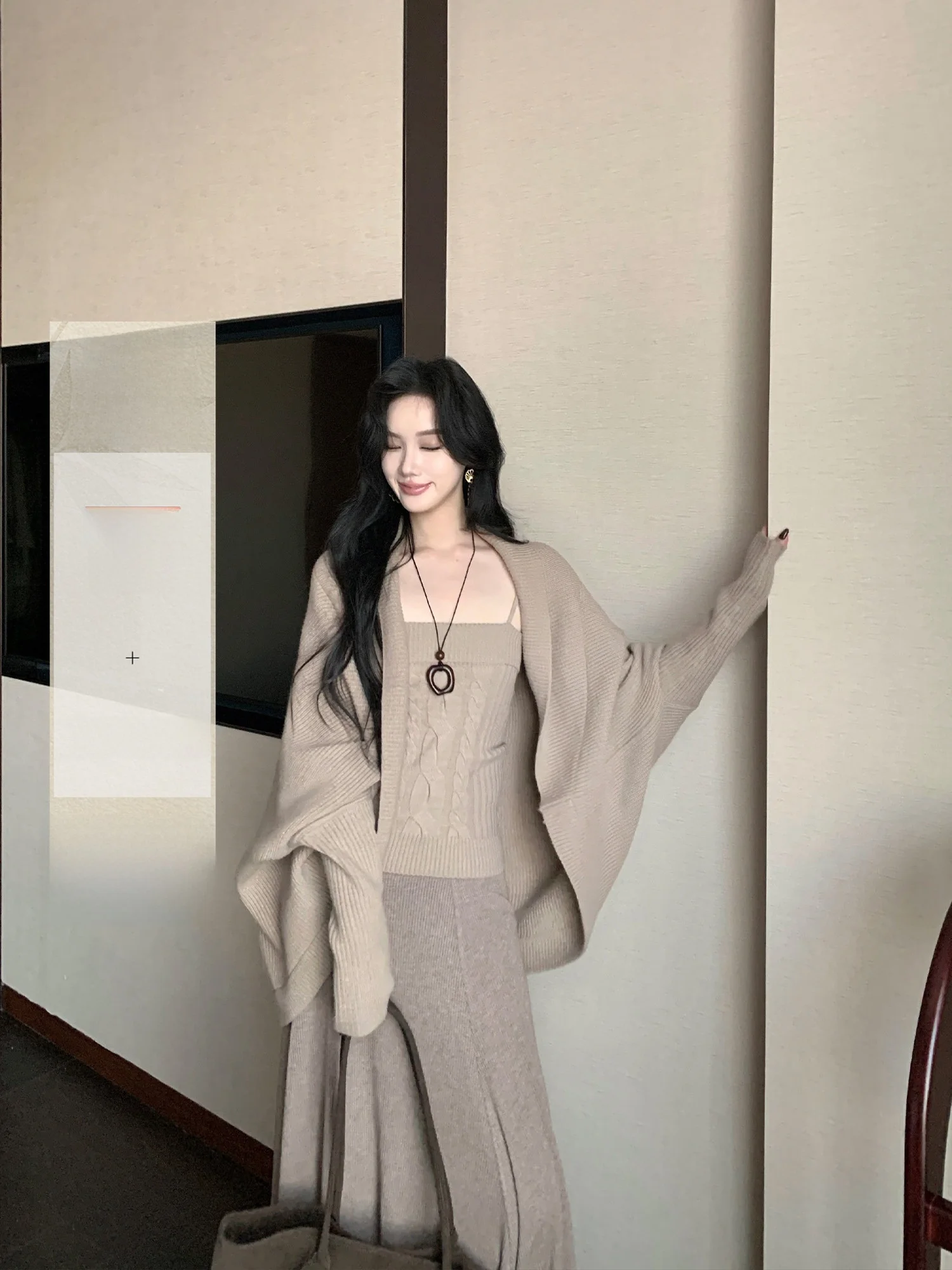 

Loose Knitted Sweater Top Women's New 2026 Lazy Sle Open Cardigan Slimming Vest Set Soft Polyester Blend Long Sve Casual...