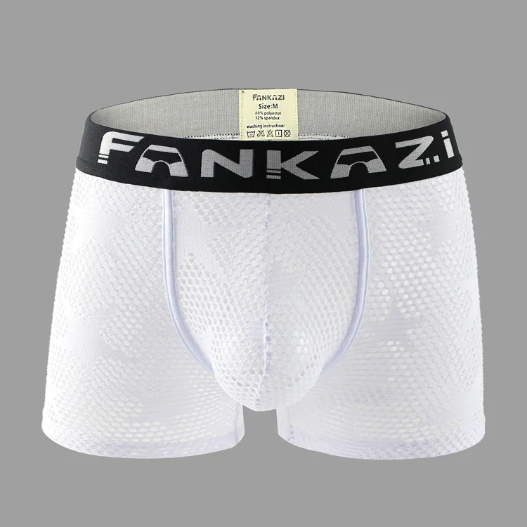 Men's Star Print Mesh Boxer Briefs Japanese Style Sexy See-Through Breathable Comfort Underwear Sheer Sissy Fashion Bulge Trunks