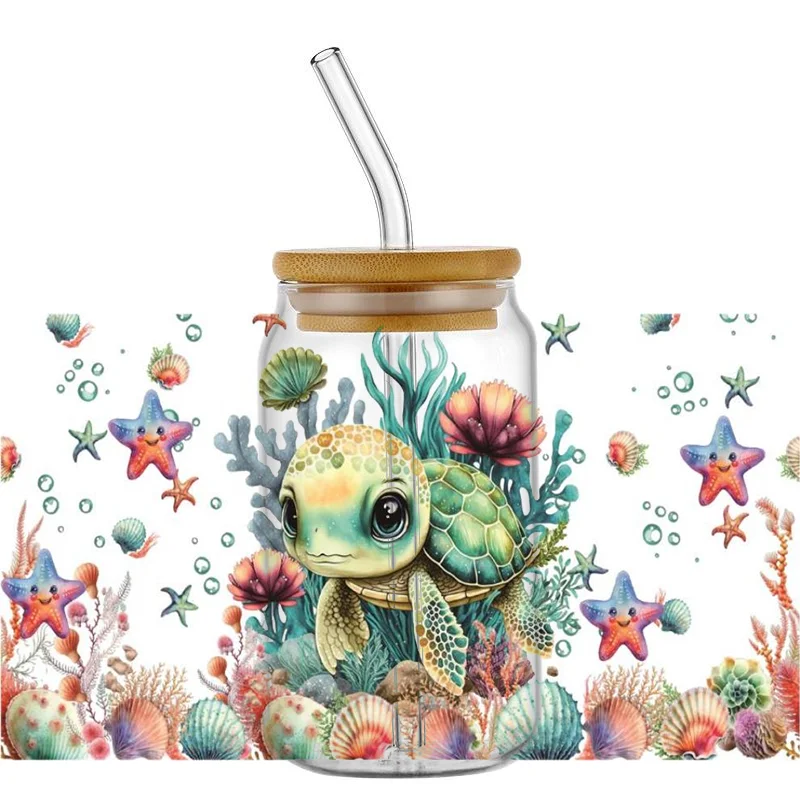 Cartoon Turtle Design Sticker for16oz Libbey Glass UV DTF Cup Wrap Transfer Cup Stickers Transfer Mug Stickers Waterproof DIY