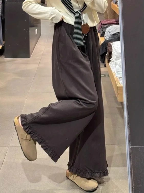 

Brown Earlet Lace Splice Wide Leg Casual Pants Elastic Waist Hip Concealing Slimming Nine Point Pants plus Size Women's Clothing