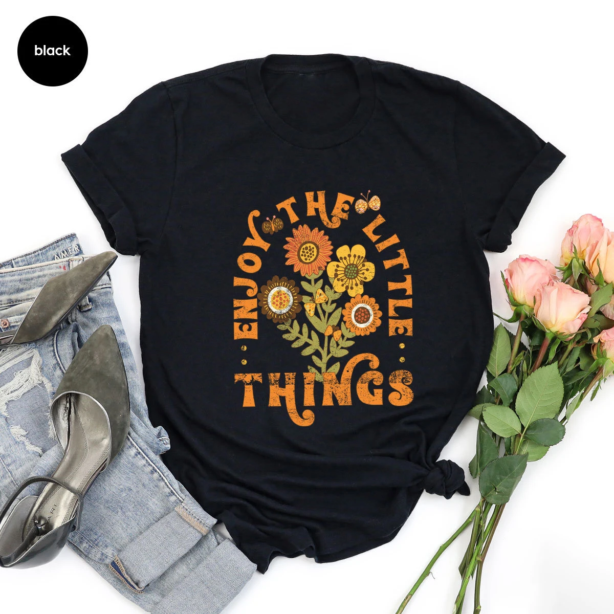 

Enjoy The Little Things Slogan Women T-shirt Vintage Cartoon Sunflowers Print Female Shirt New Summer Outdoor Casual Girl Tee