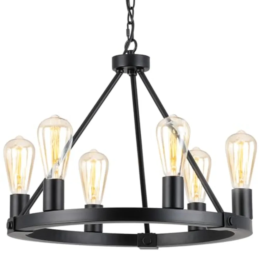 

Black Wagon Wheel Chandelier for Living Room Bedroom Entryway Foyer, 6-Light Industrial Pendant Light in Black Metal with Rusti
