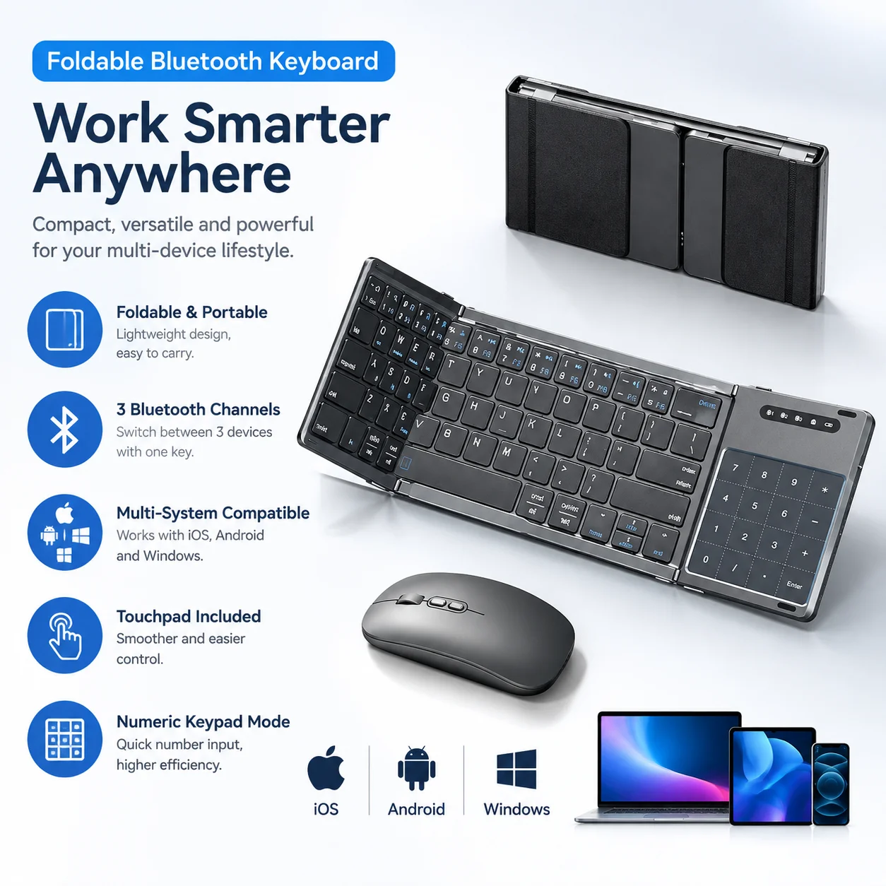 Multi-System Compatibility Wireless Bluetooth Folding Keyboard Touch Numeric Pad Portable For Desktop Laptop Office Travel
