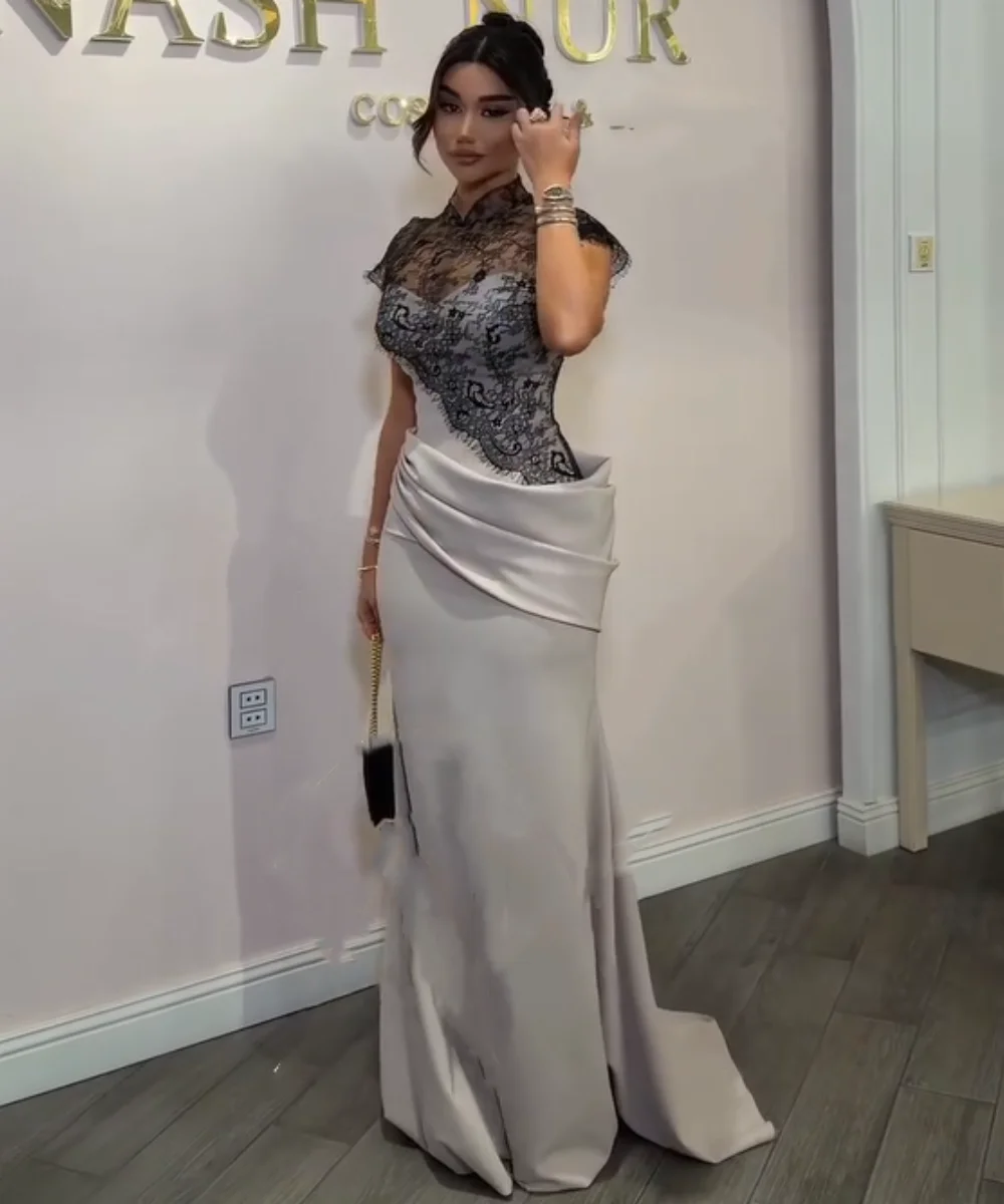 Customized Exquisite Jersey Pleat Lace Mermaid High Collar Long Bespoke Occasion Party Dresses Matching