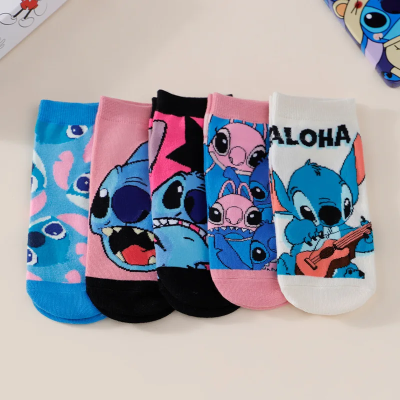 

5Pairs New Disney Stitch Girls Cartoon Socks Cute Anime Stitch Men's Women's Sock Versatile Soft Combed Cotton Boat Socks Gifts