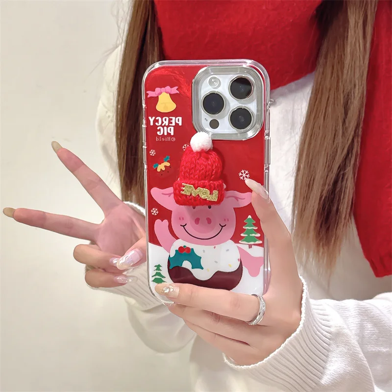 Funny Christmas Cartoon pig Phone Case For iPhone 16 Pro 12 14 13 15 Pro Max Protective Cover Cute wool Red hat Shockproof Cases