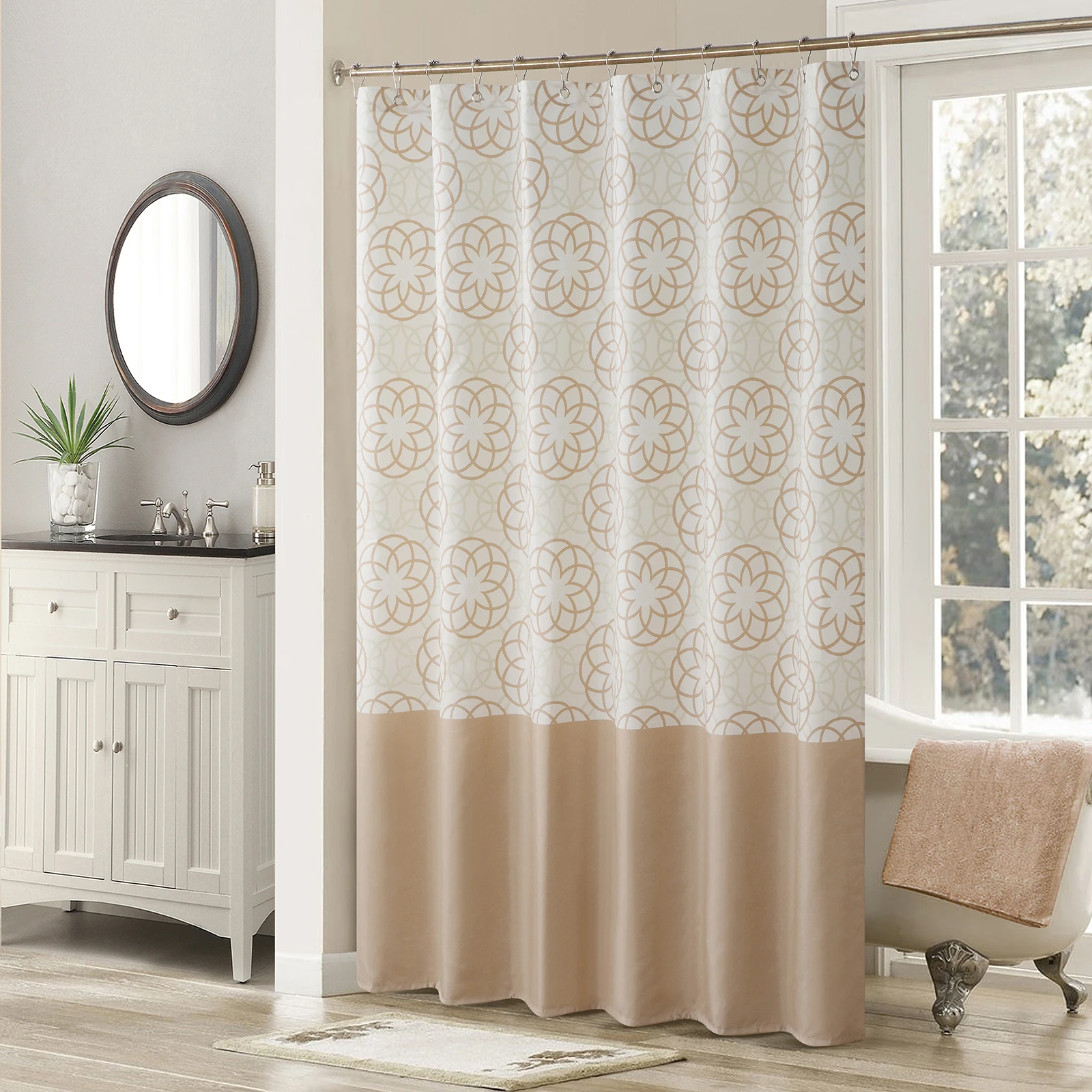 Odisha Farmhouse Tan Classic Polyester Waterproof Fabric Vintage Printed Decorative Cream Shower Curtain