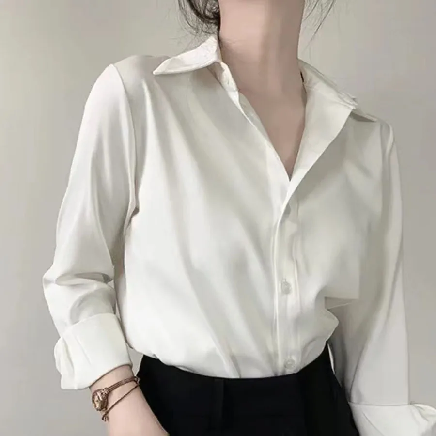 Camisas de cetim femininas simples primavera fina nova cor sólida manga longa sentido avançado topo escritório elegante senhoras trabalho wear moda