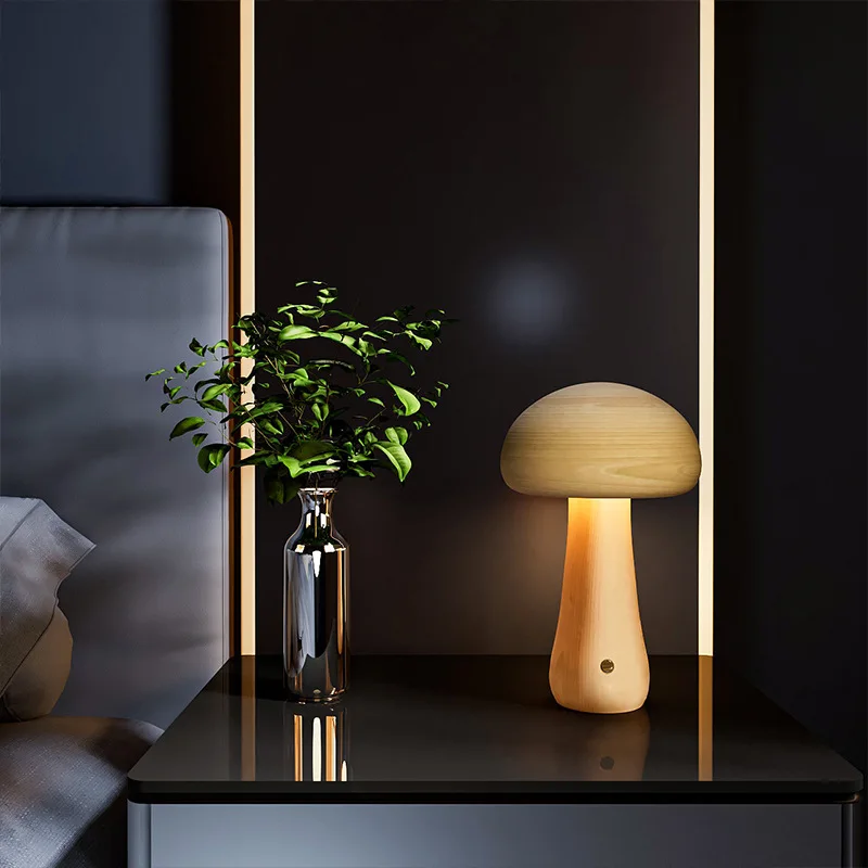 Lámpara de mesa pequeña de seta de madera maciza, lámpara de ambiente de alta gama, Linda decoración del hogar, cabecera de madera con luz nocturna para dormir