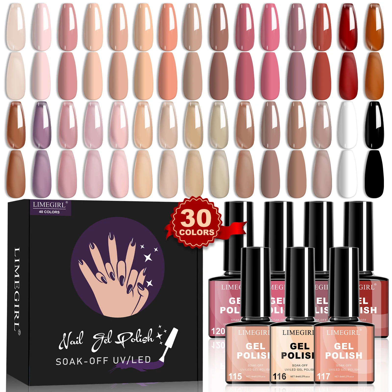 

LIMEGIRL 30 шт./компл. гель-лак для ногтей «сделай сам», ярко-розовый полуперманентный замачиваемый УФ-светодиодный гель-лак для дизайна ногтей, маникюрный набор