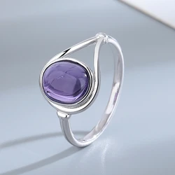 Dainty Natural Moonstone Ring 8*10MM Round Amethyst Agate Stone Vintage Silver Jewelry Ring For Women Party Anniversary Gifts