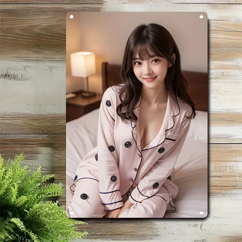 

K-Drama Style Metal Wall Art - Pink Polka Dot Elegant Lady Poster with Iron Frame, 2D Retro Sign for Home, Cafe & Bar