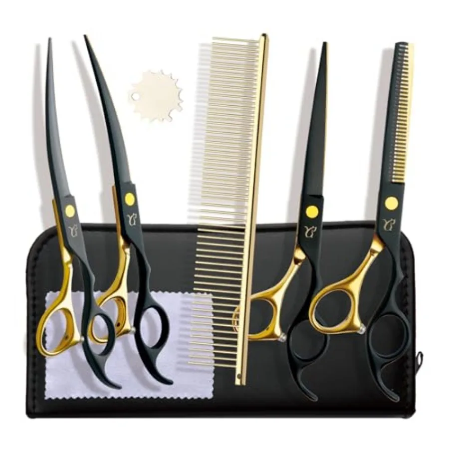 

Dog Grooming Scissors, Paint Coated Curved Scissors Thinning Scissors with Safety Round Tips, Sharp and Durable 5 in 1 Dog Scis