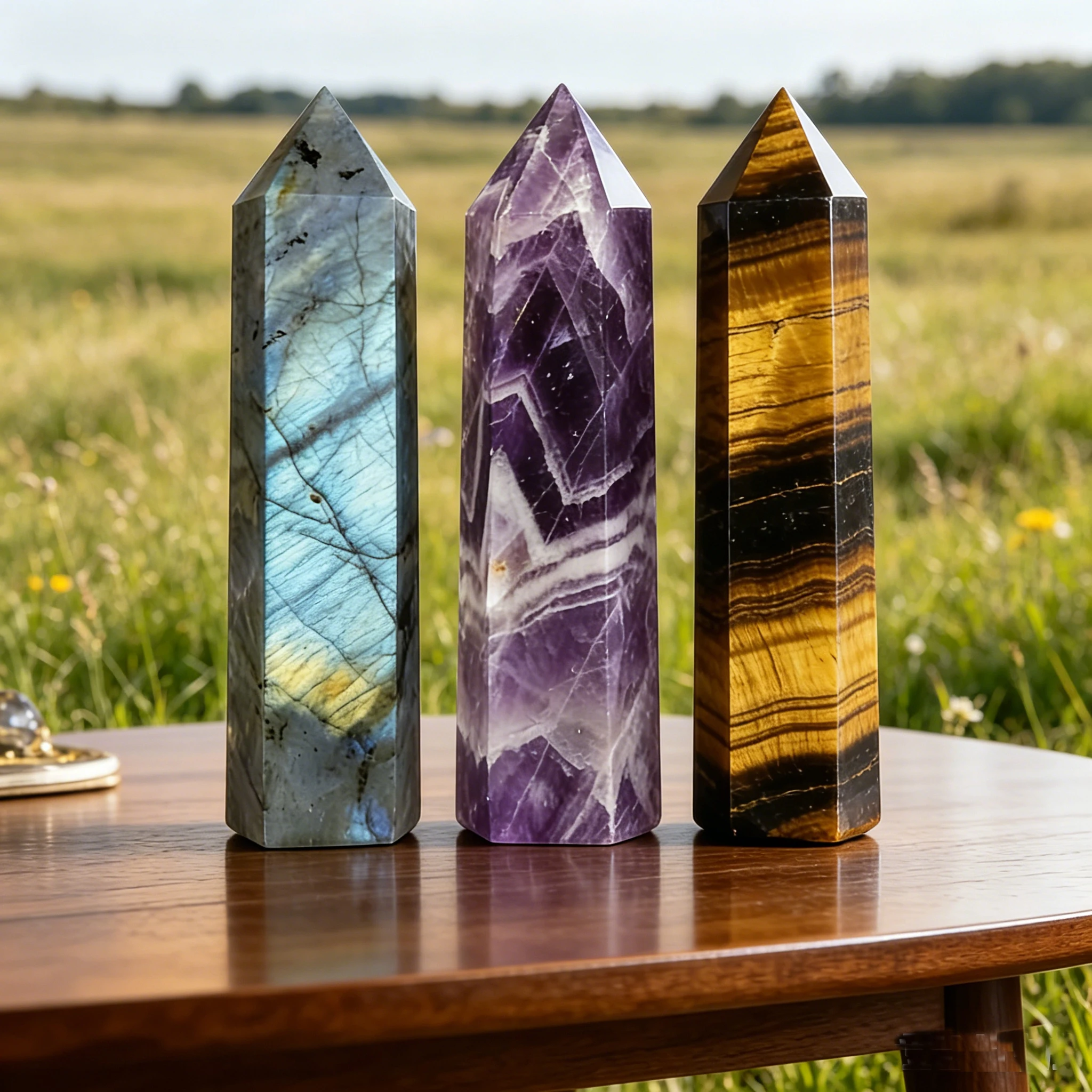 Amethyst Labradorite Tiger Eye Crystal Obelisk 3Pcs 6 Faceted Pillar 8-17cm Natural Aurora Flash Chatoyant Dreamlike Hand Polished Home Decor Desk Ornament Office Decor Room Decor Bedroom Decor Table Centerpiece Xmas Gift Set
