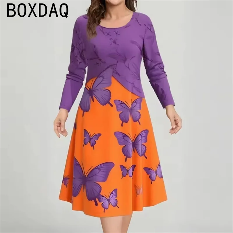 2025 herbst Neue frauen Kleid Lange Ärmeln Rundhals Casual A-line Lose Kleid 3D Vintage Blumen Kleid Vestidos De mujer
