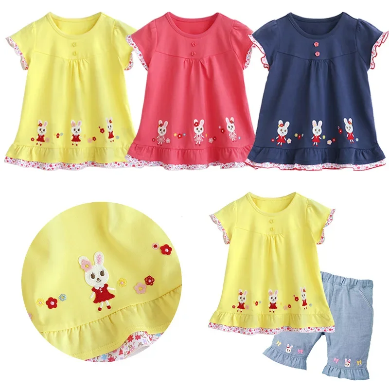 

Cute Loose Children's Clothes 2023 Japanese Style Summer Girls Cartoon Bunny Patch Embroidered Short Sleeve T-shirt Skirt One