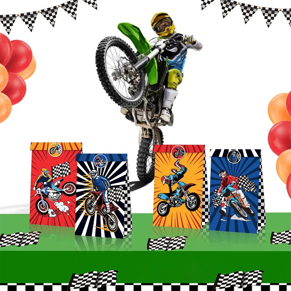 Dirt Bike Party Favor Supplies Motorcycle Birthday Decorations Motocross Gift Bags Cupcake Topper Spiral Table Cloth Honeycomb