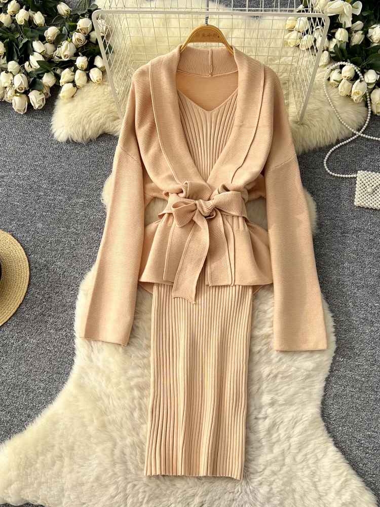 Casual Loose Solid Long Sleeve Lace up Knitted Cardigan+Skinny High Waist SLing Dresses 2-Piece Women's Autumn/Winter Suit