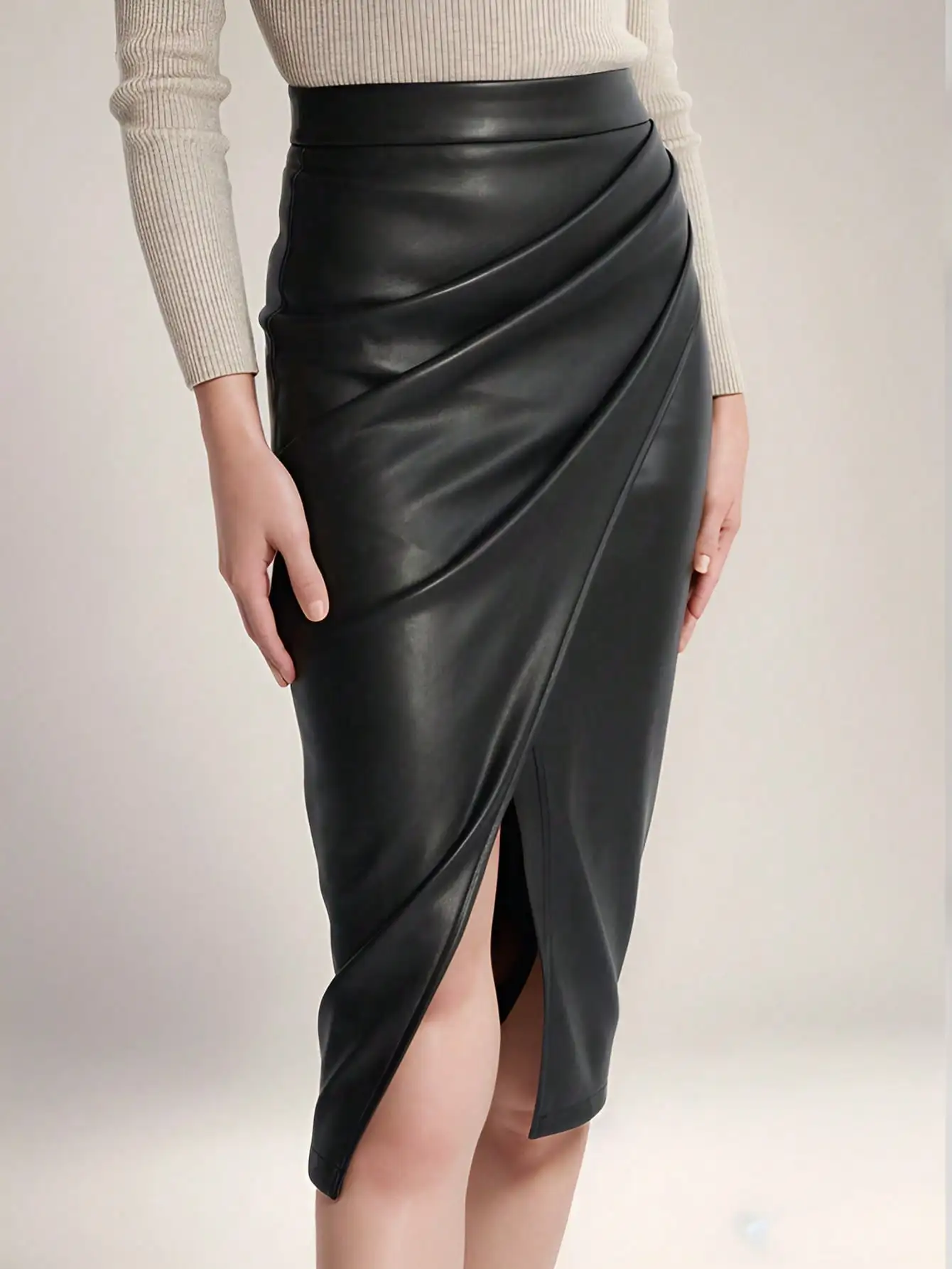 Skirts for Women Autumn 2026 Fashion Women Skirt Slit Skirts PU Leather Folds High Waist  Package Hip Skirt Women Faldas Q6511