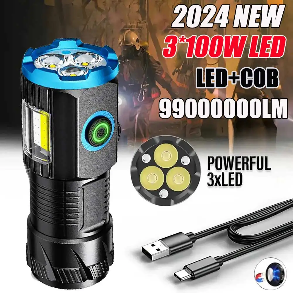 2024 New 99000000LM 3*100W Flashlight with COB Side TYPE-C Rechargeable Waterproof with Magnet for Camping with 18350 battery