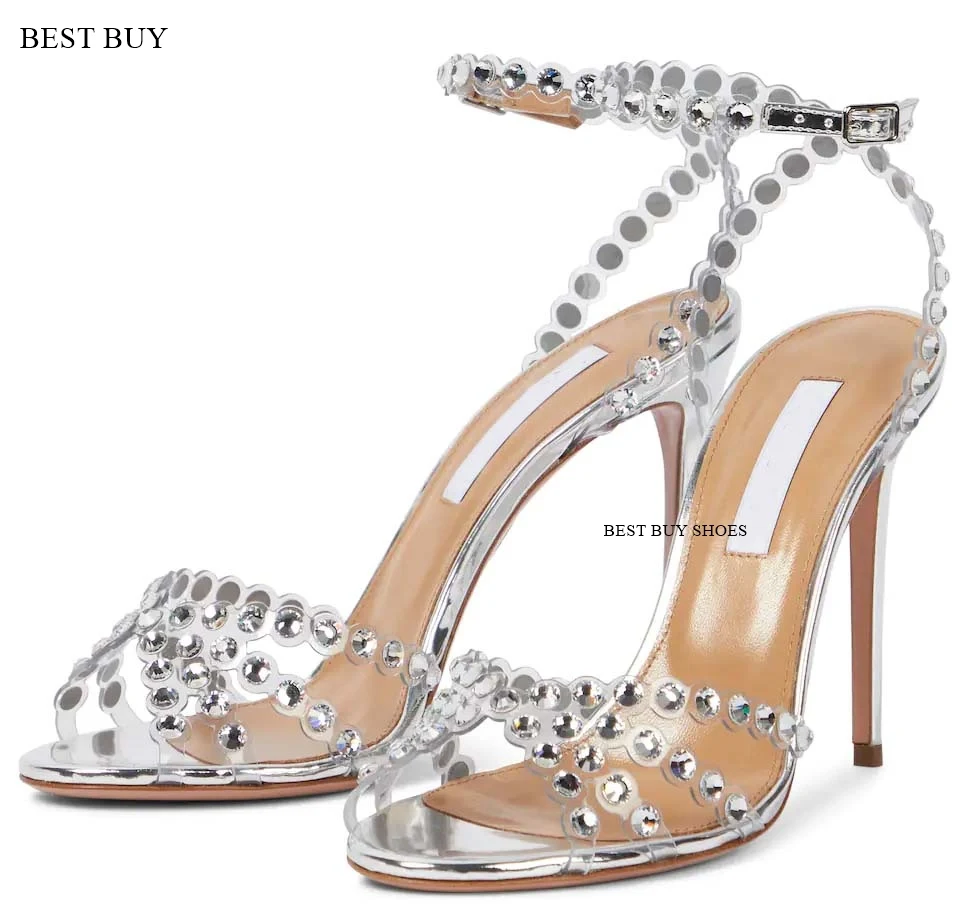 Crystal-Embellished Pvc Sandals Suede Rhinestones Stiletto Heels Women\'s Sandals Buckle Strap Slingback Elegant Party Shoes Sexy