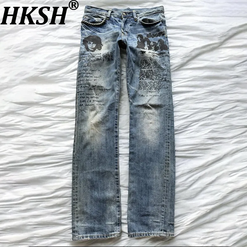 HKSH Spring Autumn New Men Tide Chic Ins Dark Punk Vintage Jeans Fashion Rivet Rock Printed Light Luxury Denim Pants Y2K HK28130