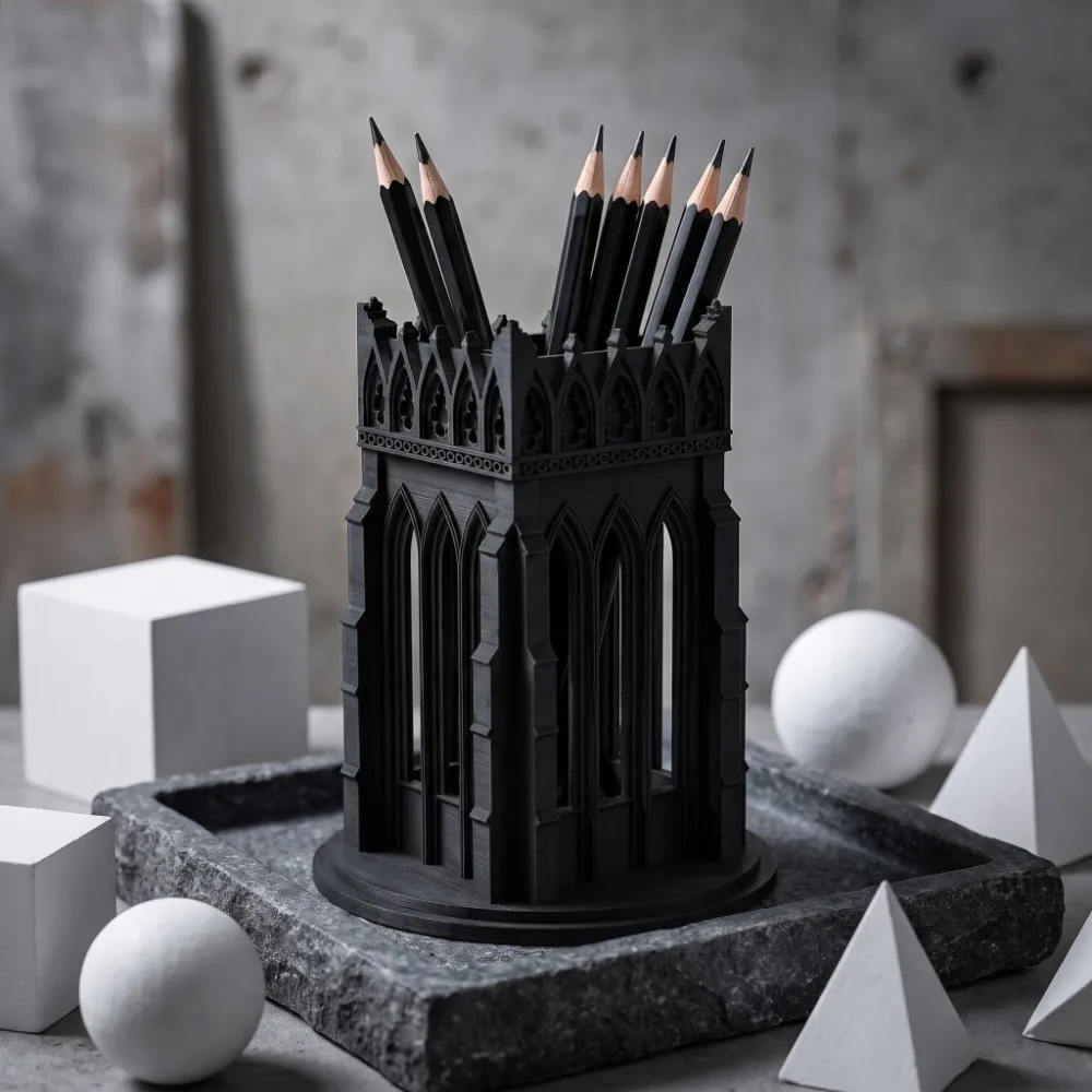 Retro Gothic Church-Style Pen Holder Delicate 3D Printed Desktop Ornament Classic Large Capacity Storage Display Shelf