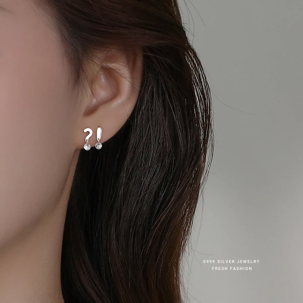 F.I.N.S Playful Exclamation and Question Mark Stud Earrings for Women S999 Sterling Silver Korean Mini Piercing Zircon Ear Jewel