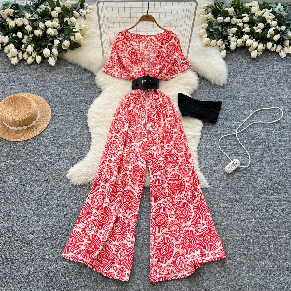 

2025 летние новые модные женские повседневные модные свободные широкие брюки-клеш с высокой талией без рукавов и цветочным принтом, женская одежда