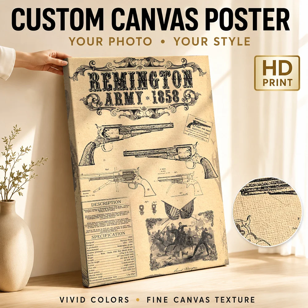 Remington Army 1858 Revolver Wood Framed Canvas Print Personalized Photo Vintage Technical Linework Wall Art For Living Room