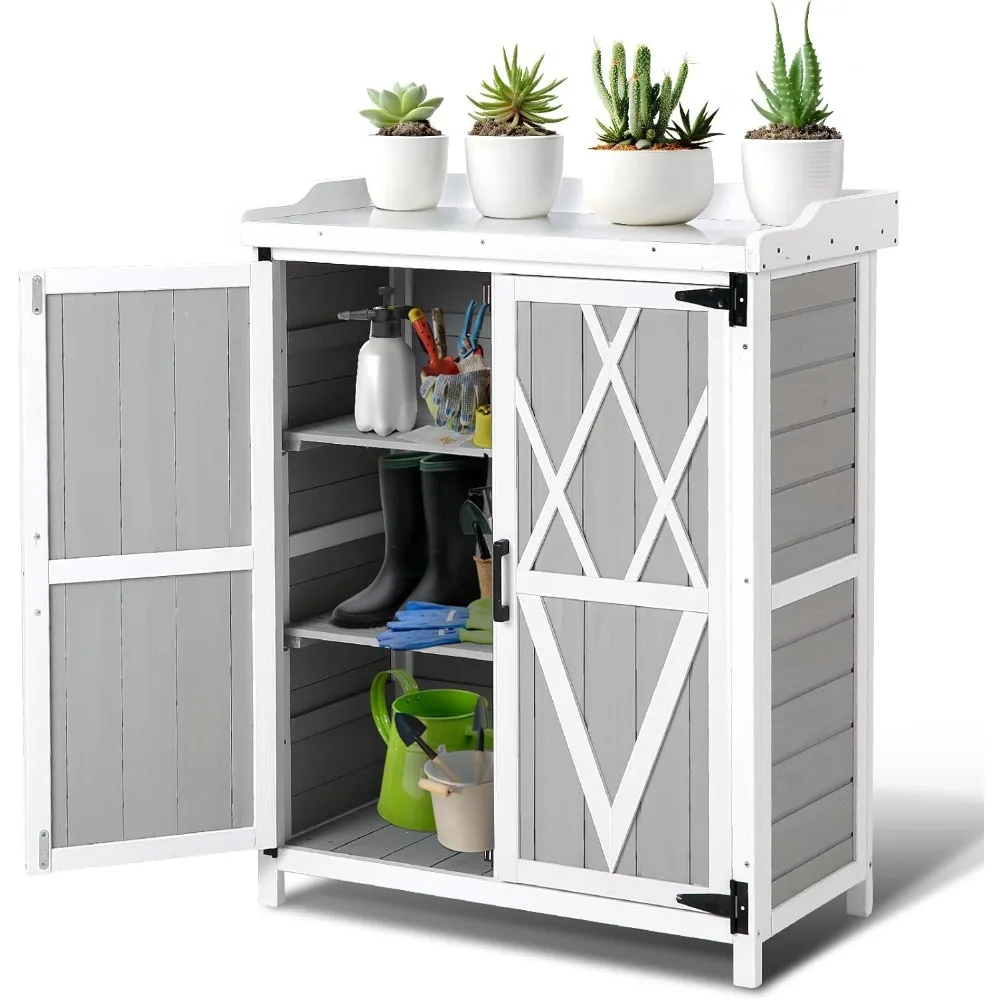 

Outdoor Potting Bench with Storage - 37" Tall Wooden Garden Workstation with Galvanized Metal Tabletop, Adjustable Shelves & Dou