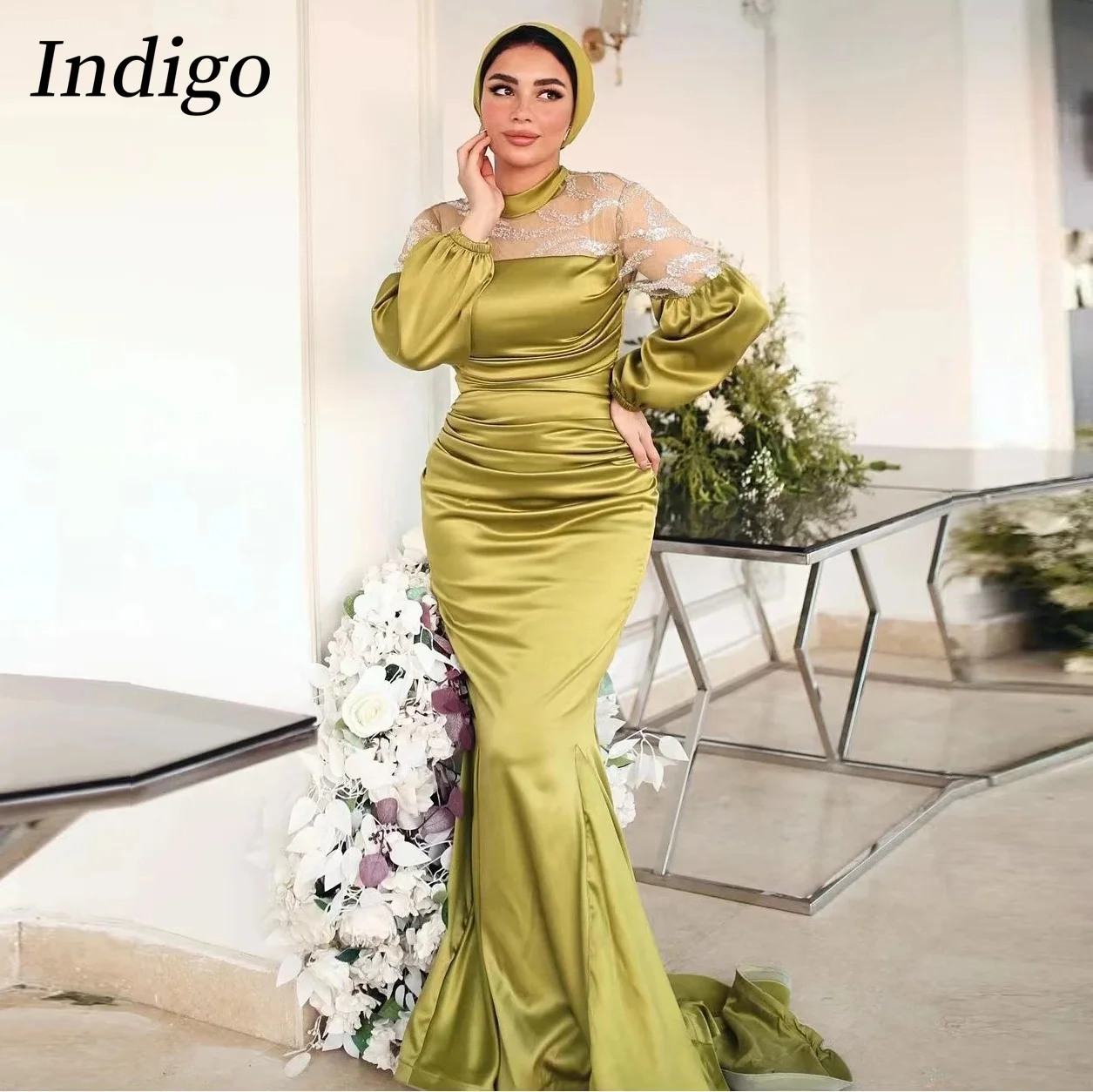 Indigo Muslim Evening Dresses O Neck Full Sleeve Mermaid Women Simple Elegant Formal Occasion Dress Robes De Soirée Customized