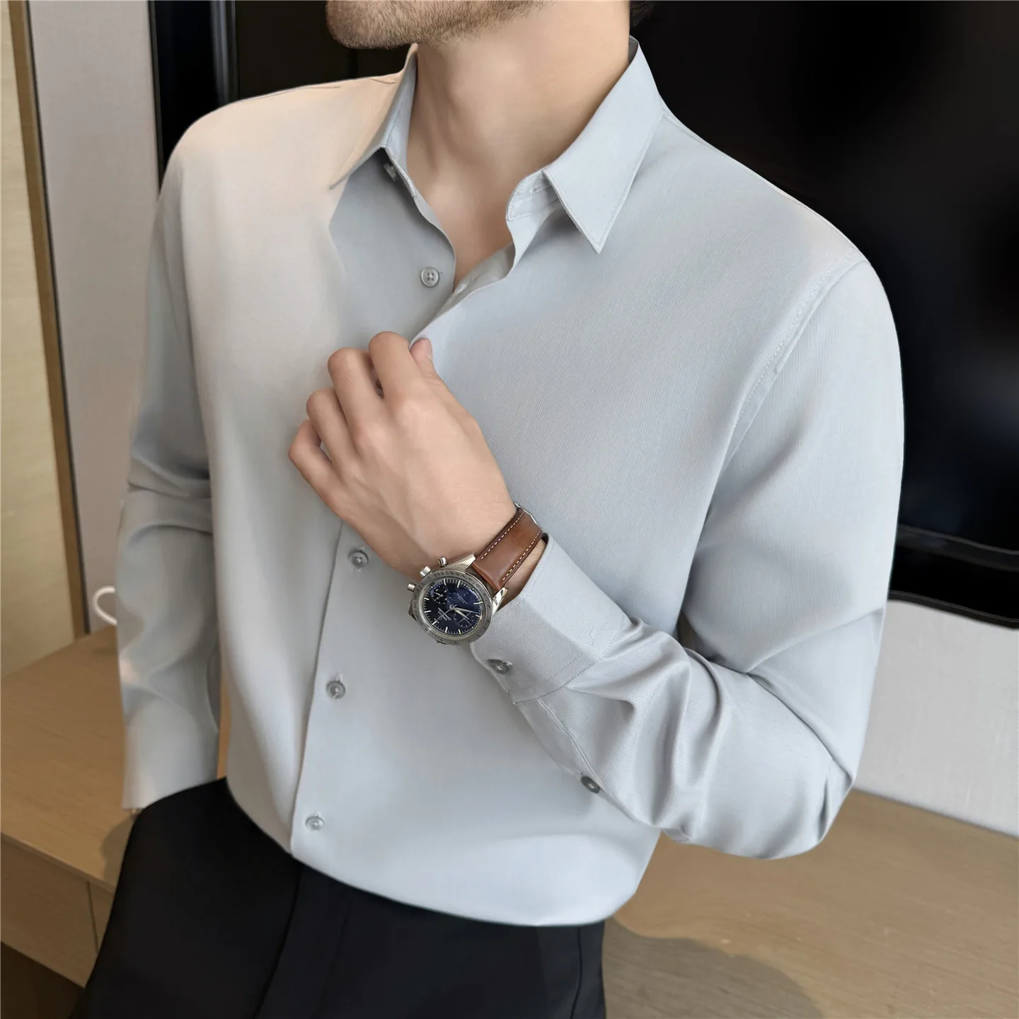 

Мужские социальные рубашки из шелка шелковицы + гладкого модала, высококачественные дышащие повседневные мужские классические рубашки с длинным рукавом, приталенный смокинг для выпускного вечера