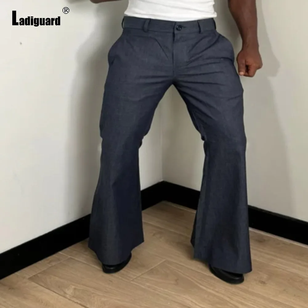 Samlona Men Vintage Basic Flare Pants Solid White Khaki Full-Length Trousers Plus Size 3xl Mens Fashion Zipper Pocket Sweatpants