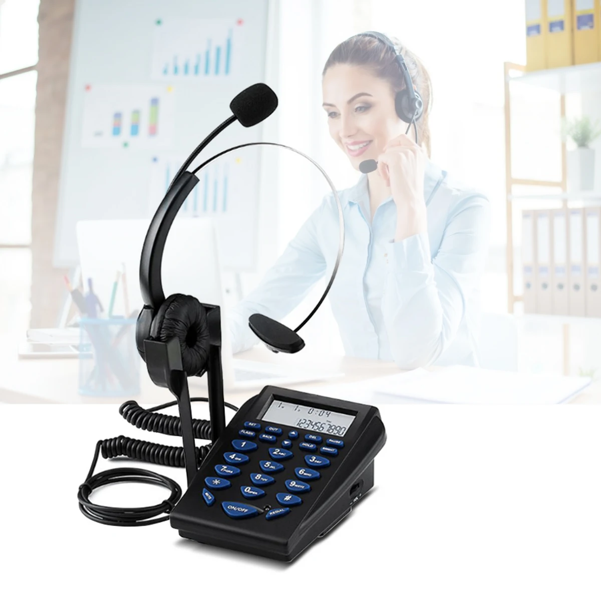 Call Center Telephone Dialpad Corded Telephone with Noise Cancelling Monaural Headset Clear Voice Quality Caller ID Redial