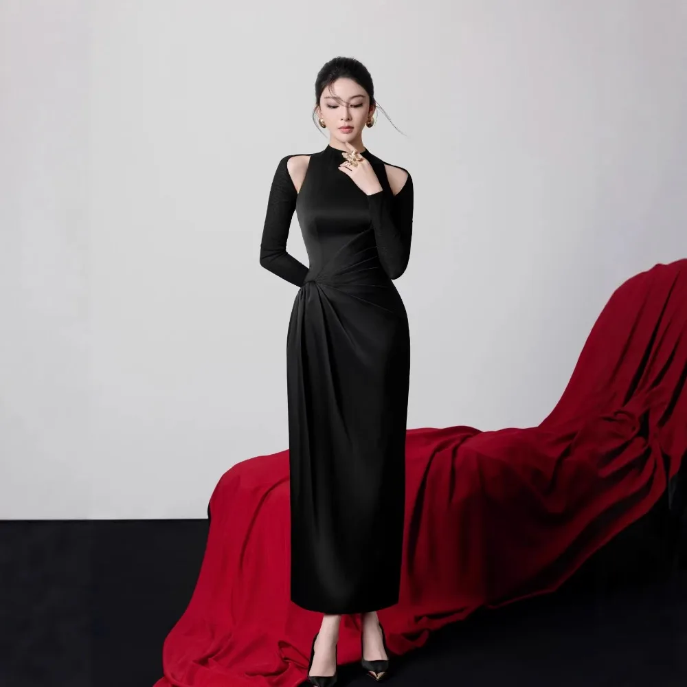 Sexy Off Shoulder Black Maxi Dress O-Neck Long Sleeve Hollow Out Satin Graceful Bodycon Celebrity Classic Evening Party Gowns