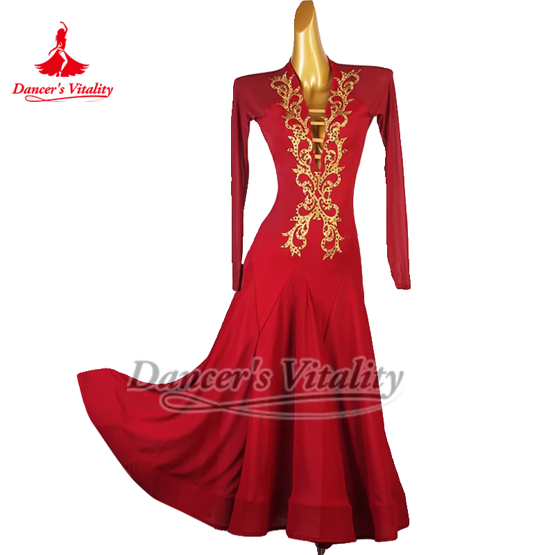 Vestido de baile Social con espalda de malla en forma de V para mujer adulta, elegante vals Foxtrot, ropa de práctica y actuación personalizada de alta gama