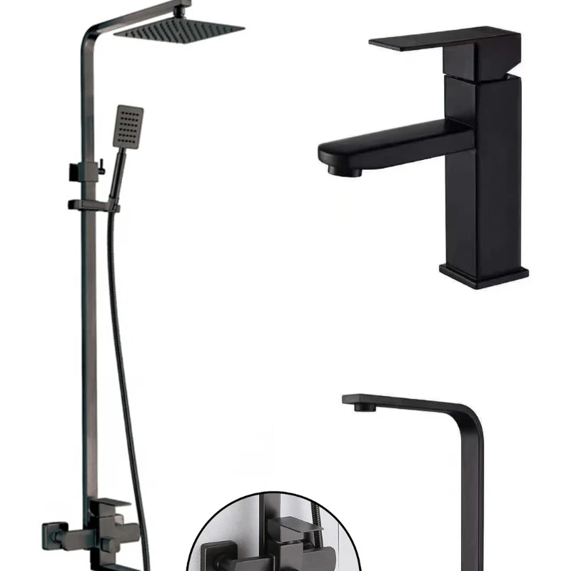 Factory Wholesale Matt Black Bathroom Bath Shower Column Square Rain Black Bath Shower Set with 8 Inch Round Shower Head