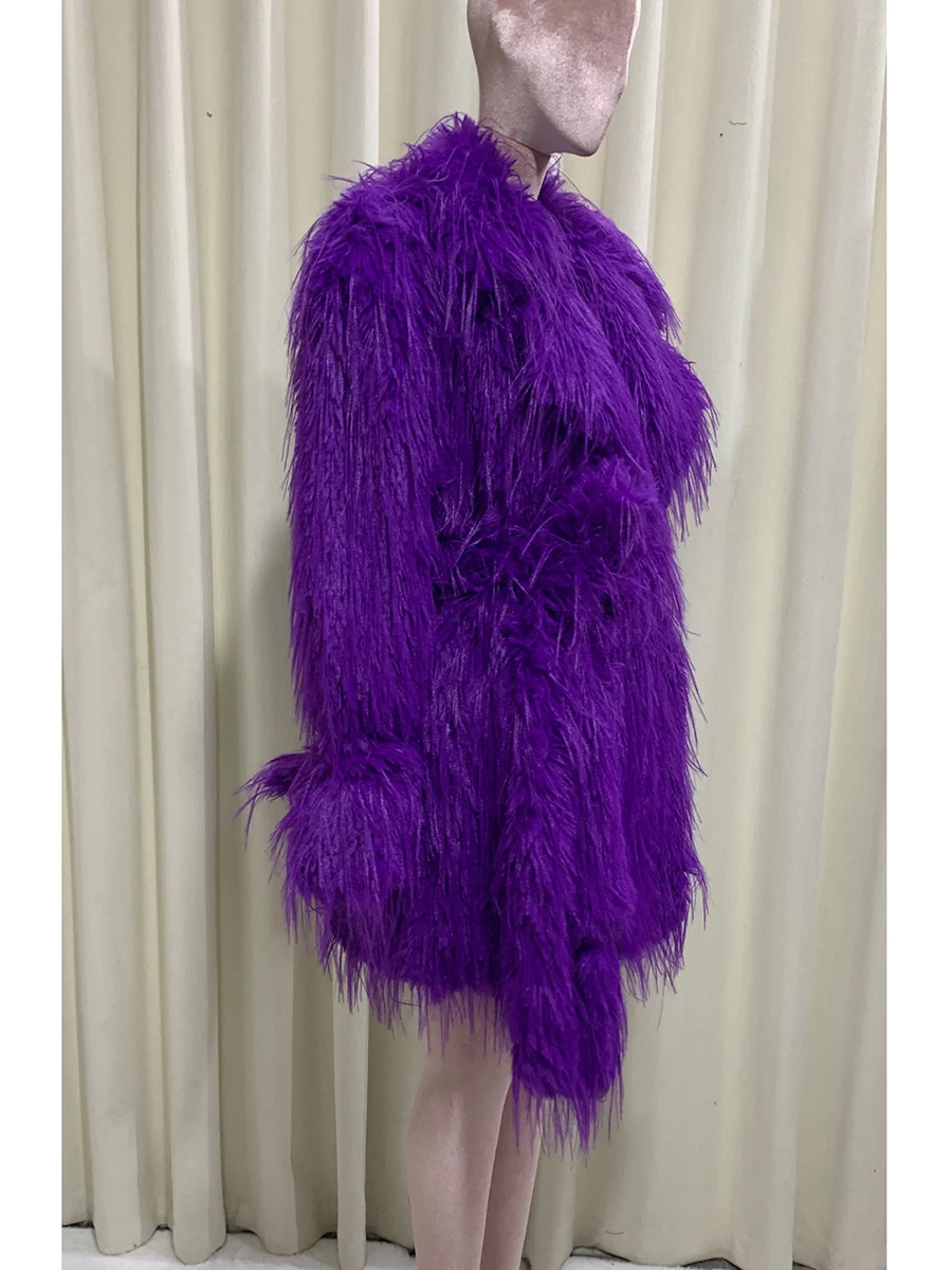 Otoño Invierno suelto brillante púrpura peludo grueso cálido suave imitación abrigo de piel mongol mujeres fajas chaqueta mullida de lujo 2025