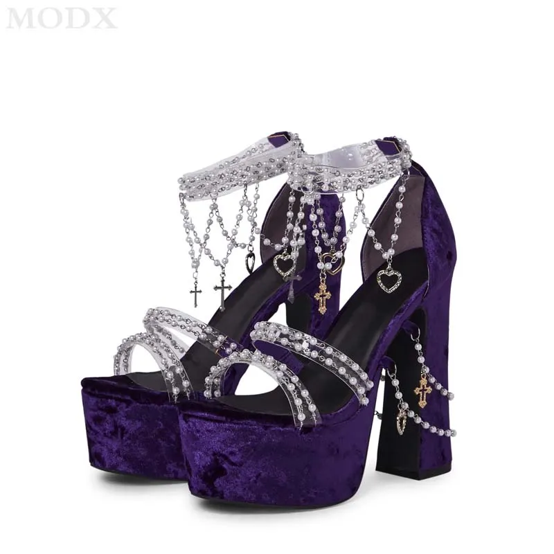 Purple Suede Chain Platform Chunky High Heels Sweet Spice Girl Tassel Buckle All-match Summer Sandal Beaded Stage Nightclub Shoe