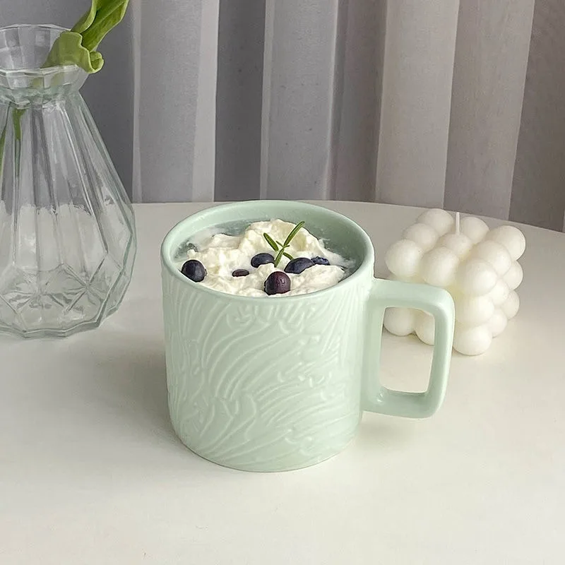 

Relief Mug, Classic Large Capacity Water Cup, Breakfast, Ceramic Strap Handle, Coffee Cups, Green Mugs Drinkware