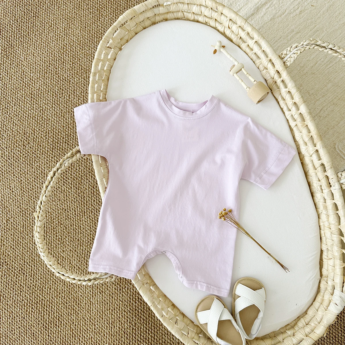 Newborn 2024 Baby Bodysuit Summer Cotton Rompers Solid Color Simple Short Sleeved Boys Girls 0-4Y Casual Clothing