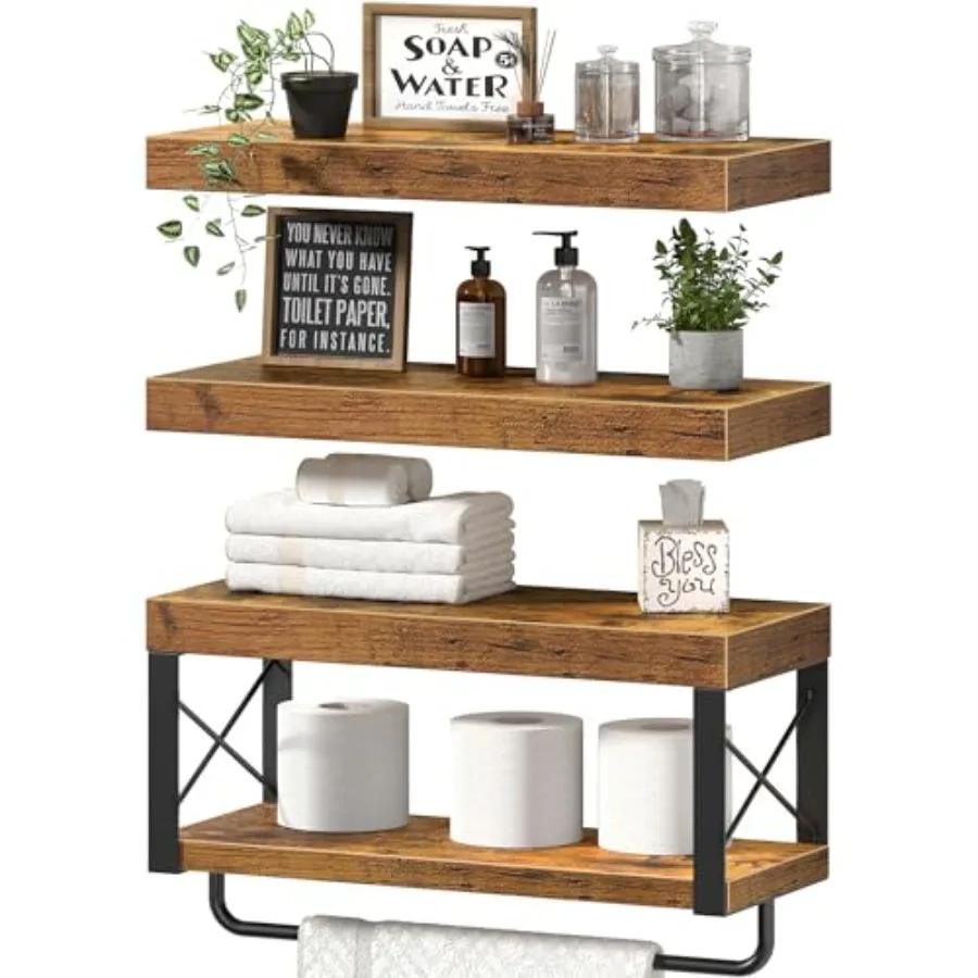 

Bathroom Shelves Over Toilet - Floating Shelf for Wall Toilet Paper Storage Farmhouse 16 inch Set of 3 Rustic Brown Metal