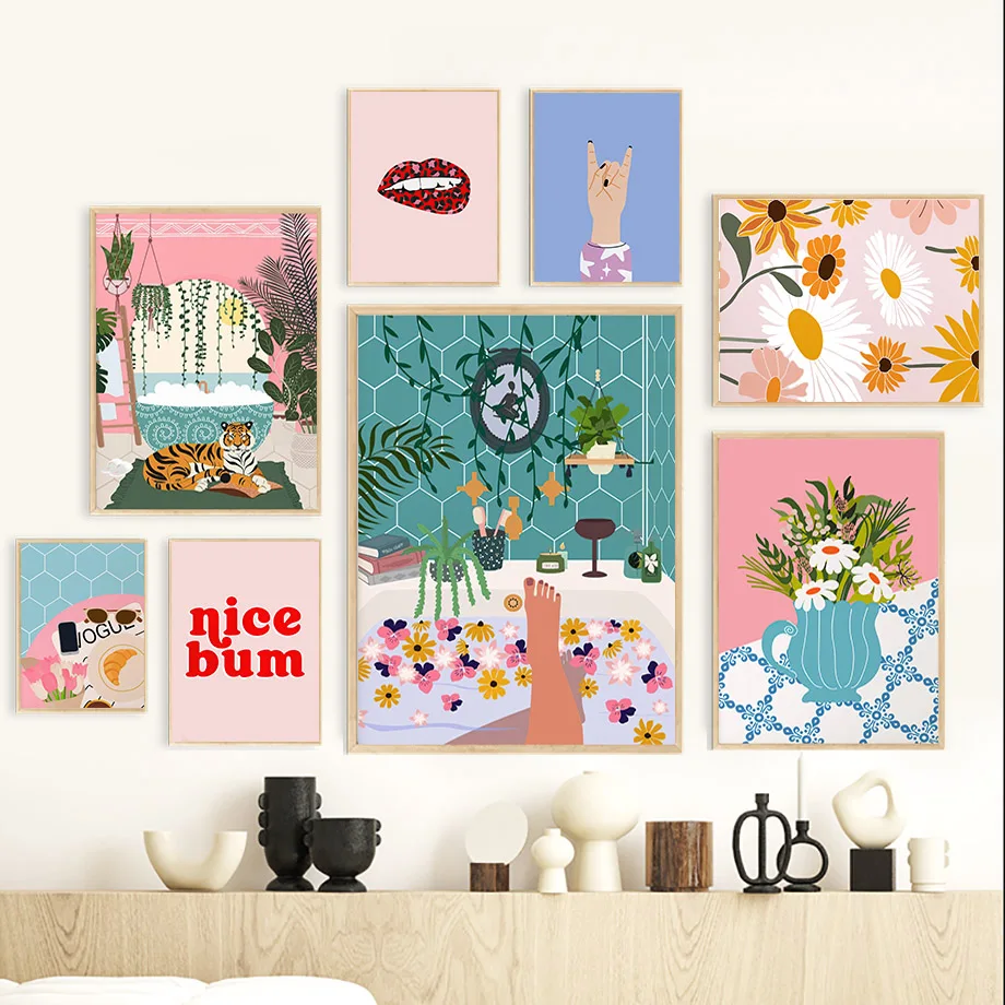 Girl Tiger Leaf Vase Flowers Abstract Landscape Posters and Prints Wall Art Canvas Painting Pictures For Living Room Home Dec